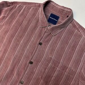 Tommy Bahama Men's XL 100% Silk Shirt Red Striped Short Sleeve Resort Vacation